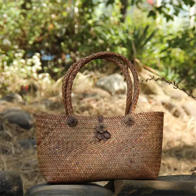 38x20CM  New Thai Solid Color Straw Shoulder Bag Travel Beach Bag Female Garden Handmade Rattan Weaving Women a6100