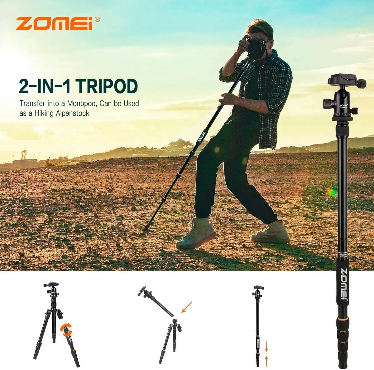 ZOMEI Q666 Camera Tripod with Ball Head Lightweight Professional Compact Travel Monopod Tripod for Phone Nikon Canon Sony DSLR