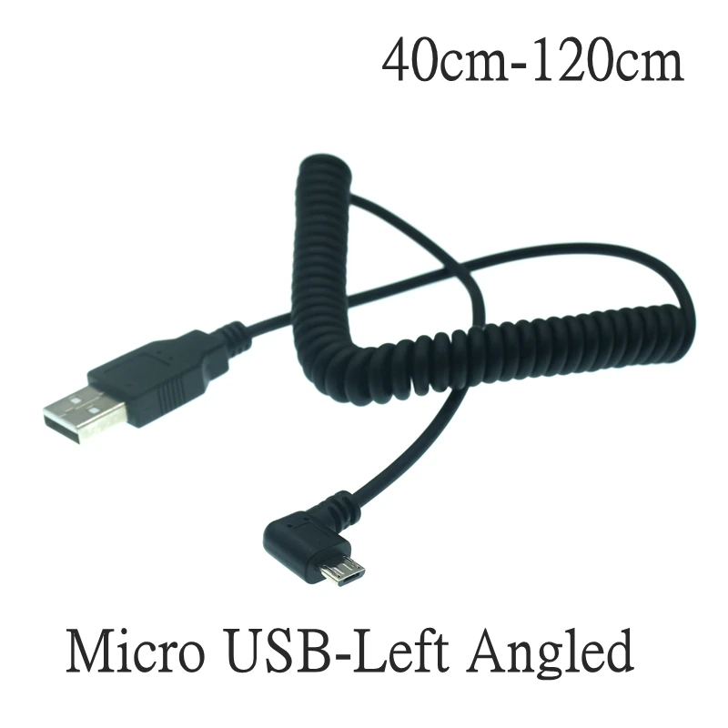 Micro Usb Male 90 degree Right angled to usb male Left / Right Angled Spring Retractable stretch cable sync data charge 1m