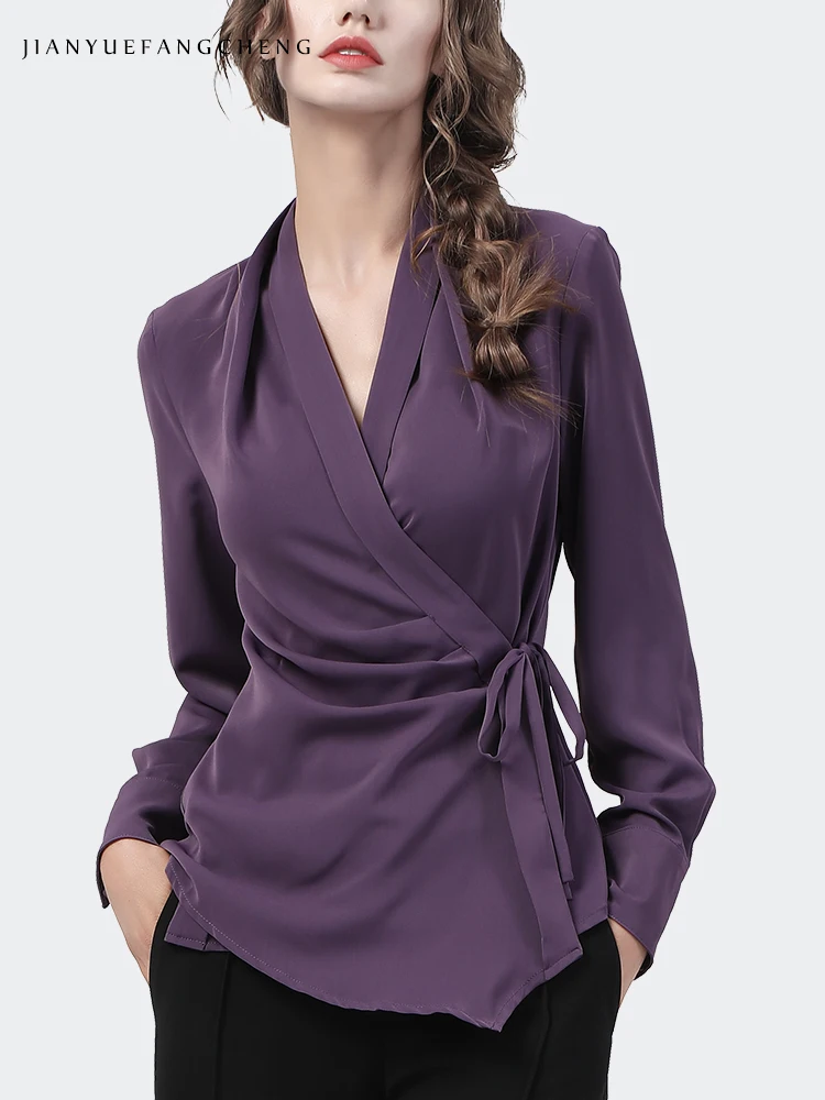 Fashion Womens Long Sleeve V-Neck Purple Lace-Up Shirt Elegant Slim Cinched Waist Tops 2021 Autumn New Office  Ladies Blouses