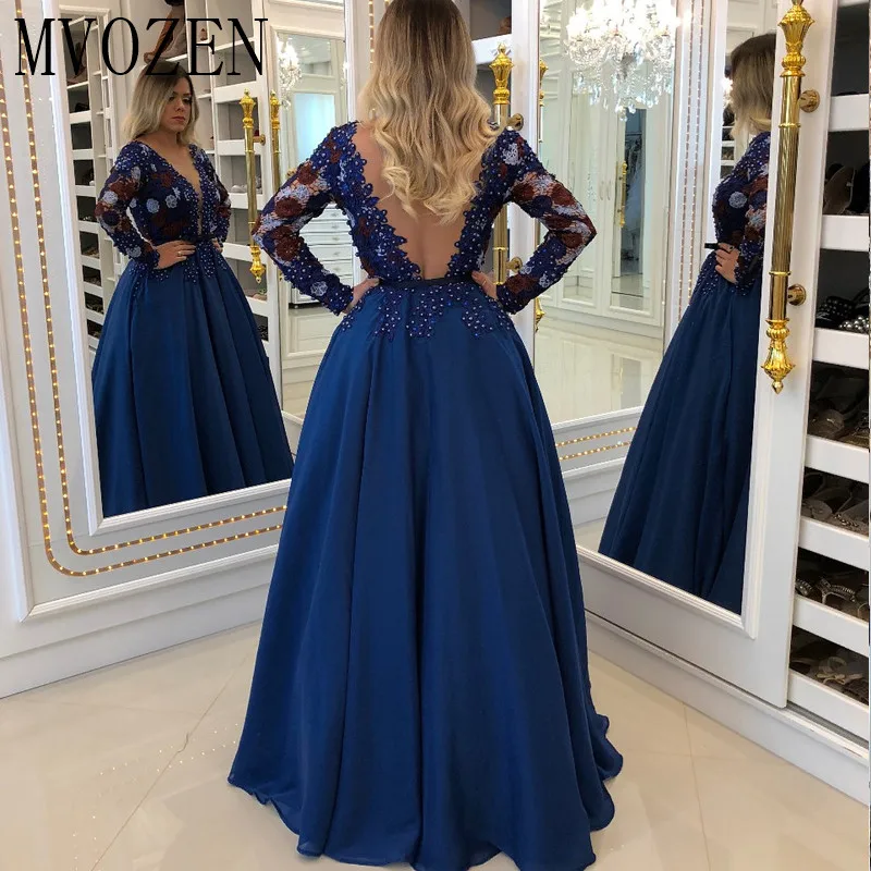 Mvozein affascinanti abiti da sera blu lungo Chiffon a-line con scollo a v maniche lunghe vedere attraverso abiti da sera abiti da festa