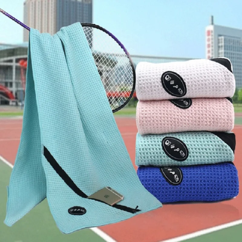 Waffle Checks Microfiber Sports Towel with Zipper Pocket 30*110cm Quick Dry Swimming Camping Travel Gym Yoga Golf Towels Fitness