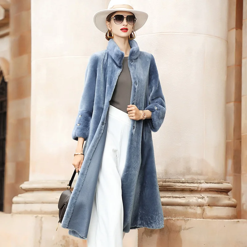 

Winter Real Women Long 100% Natural Merino Sheep Coat Shearling Genuine Leather Jacket Mink Fur Collar ED6009-60831