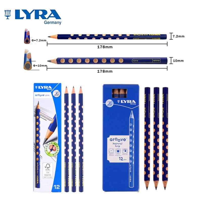 LYRA Groove-lápiz triangular de grafito delgado con agujeros, corrección de postura de escritura, posición de agarre para la escuela, suministros para principiantes, 12 Uds.