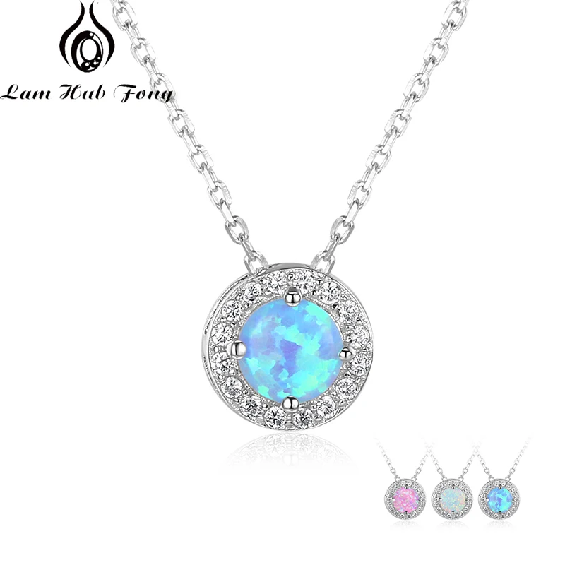 Round Pink White Blue Opal Silver Color Pendant Necklaces Cubic Zirconia Circle Necklace Birthday Gifts (Lam Hub Fong)