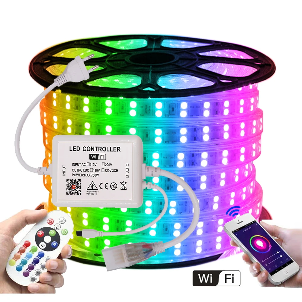 rgb conduziu a luz de tira com wifi 750w controlador smd5050 120leds m alto brilho impermeavel fita lampada flexivel led fita 220v 01