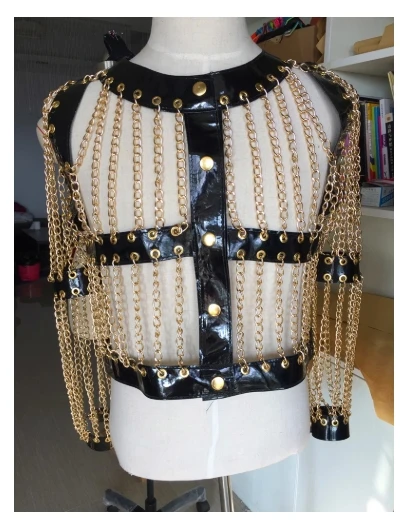 ชุดแสดงบนเวที บาร์ ไนท์คลับ โชว์ บรา โซ่ทอง เสื้อคลุมสั้น ชุดเซ็กซี่สำหรับผู้หญิง ชุดแสดงบนเวที ชุดเต้นรำในไนท์คลับ