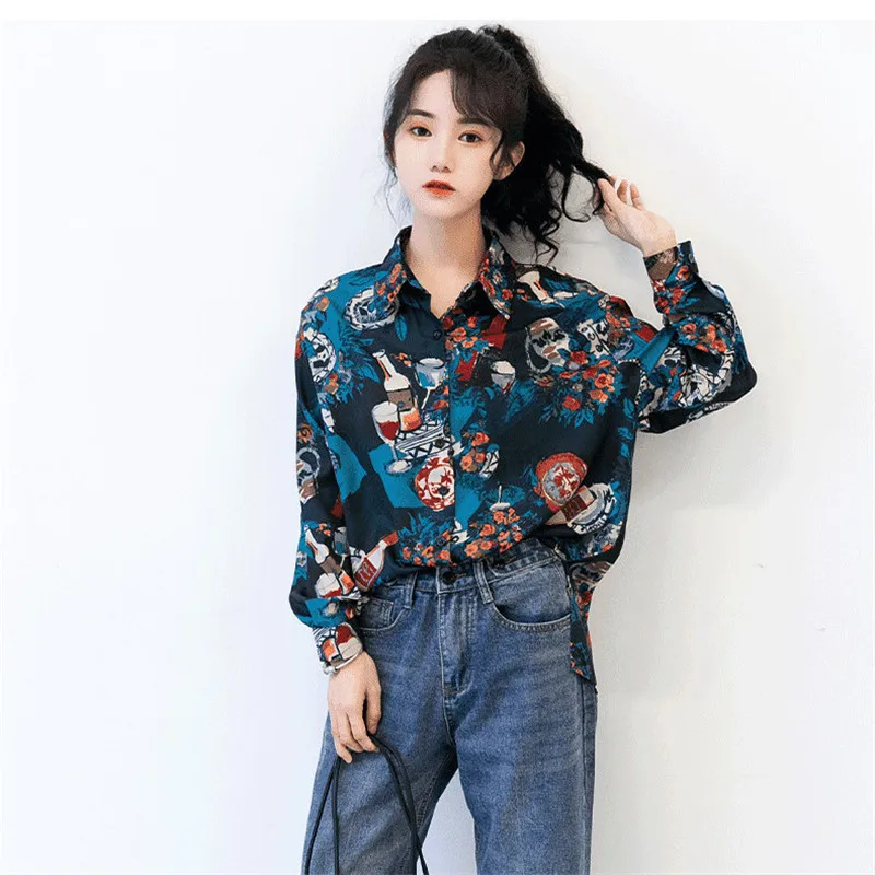 Women Vintage Shirt Retro Printed Turn-Down Collar Chiffon Harajuku Loose Blouse Women\'s Korean Tops Blusas Mujer