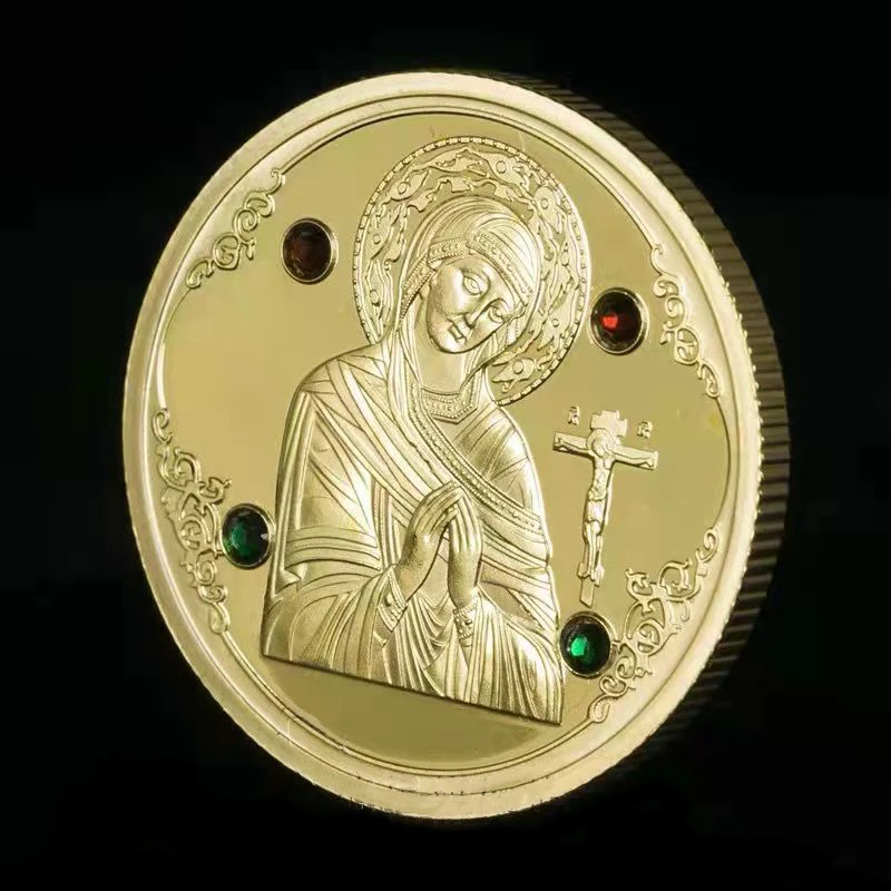 Christian Virgin Gold Coin Commemorative Coin Virgin Mary Diamond Cross Coin Religious gifts souvenirs Articulos religiosos