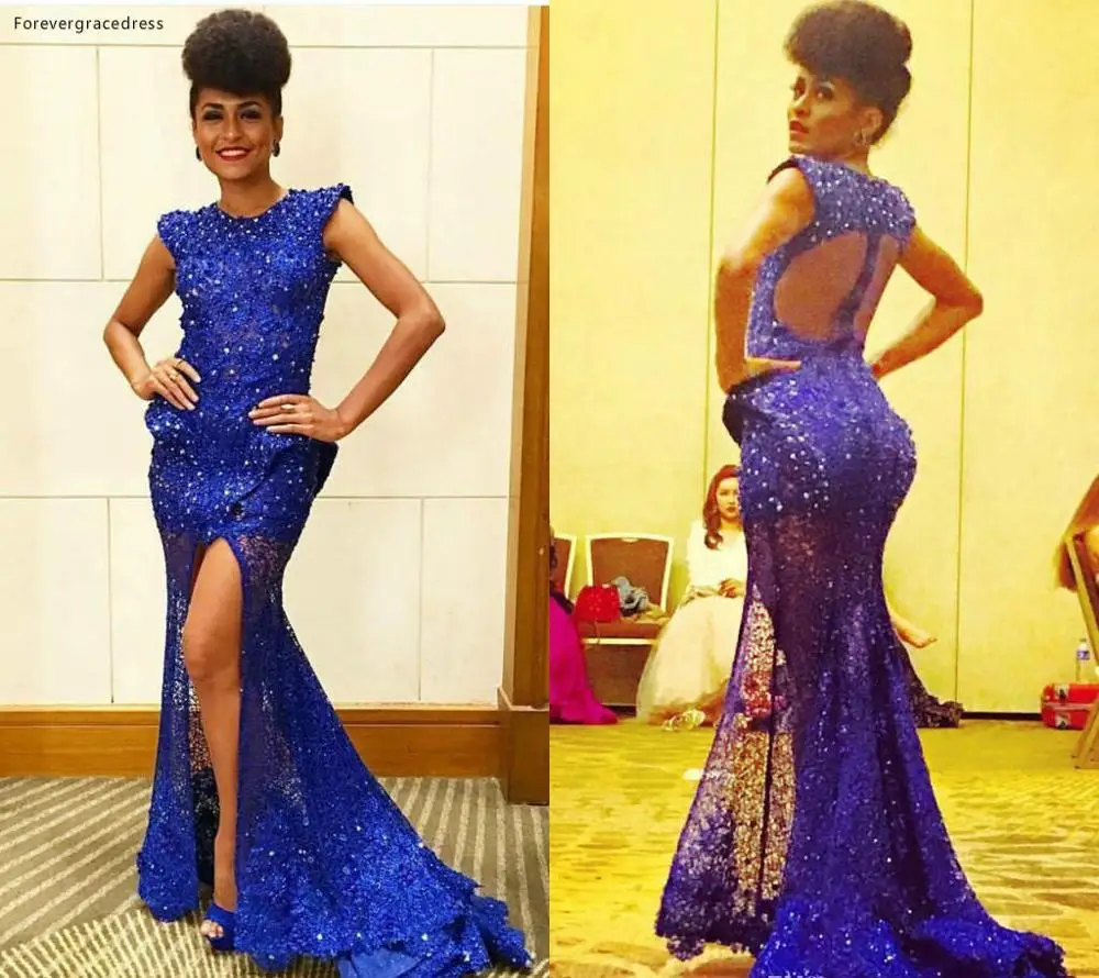 2019 tanie zaokrąglony Prom sukienka arabski syrenka Backless Split formalne wakacje nosić Party suknia Custom Made Plus rozmiar