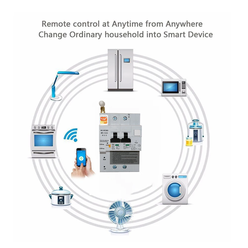 Совместимый с Alexa 2P Din-рейка, умный RCBO автоматический выключатель, защита от утечки, приложение Tuya, беспроводное управление, майнирование энергии, Wi-Fi MCB