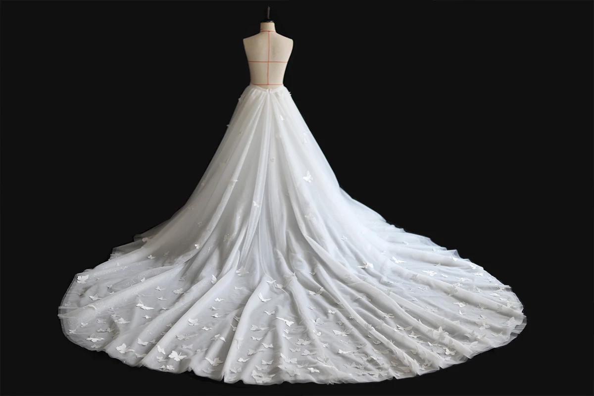 Vestido de novia de princesa de mariposa 3D, cola de pez de encaje, falda desmontable móvil