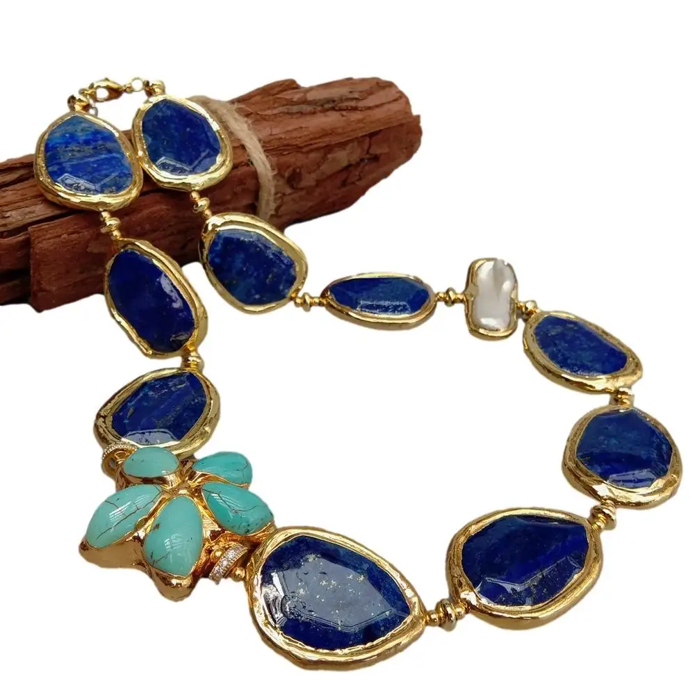 KKGEM White Biwa Pearl With Electroplated Edge Faceted Blue Lapis Lazuli Chunk Turquoise Flower  choker Necklace