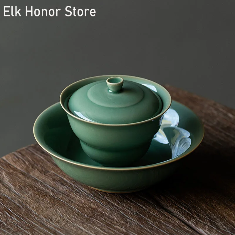 125ml Yue Kiln Celadon Tea Tureen Handmade Gourd Shape Ceramic China Tea Maker Gaiwan Japanese Tea Bowl With Lid Kung Fu Teaware