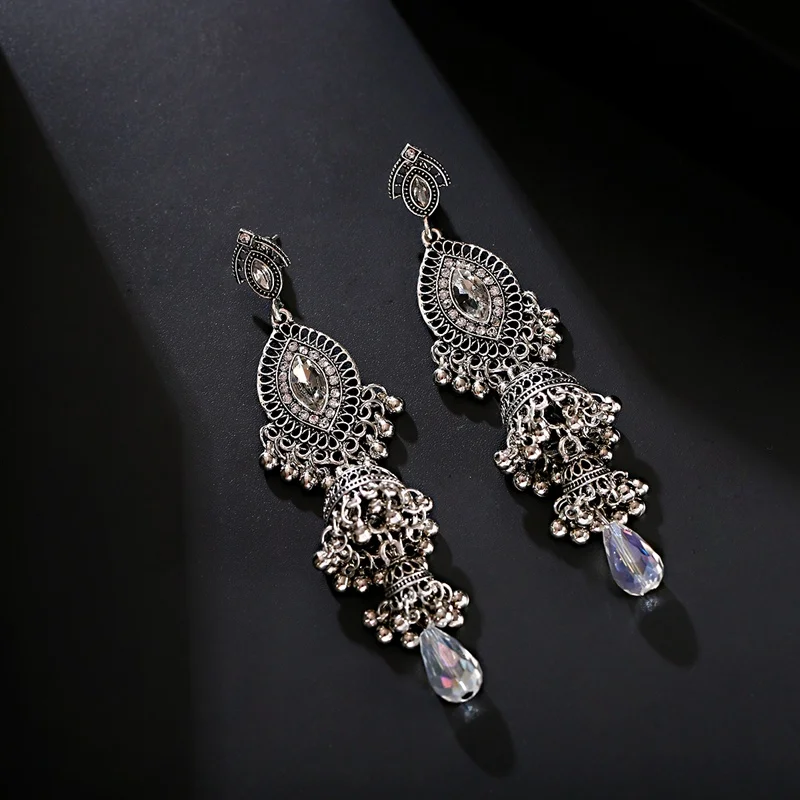 Retro Women\'s Big Gold Color Bohemian Jhumka Earrings Indian Jewelry Water Drop Shape Palace Bells Beads Stud Earrings Orecchini