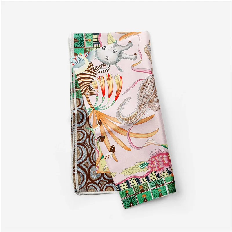 53cm Woman Scarf Shawl 100% Twill Silk Square Scarf Zambe Elephant Print Neckerchief Bandana Headband Hijab Scarves & Wrap