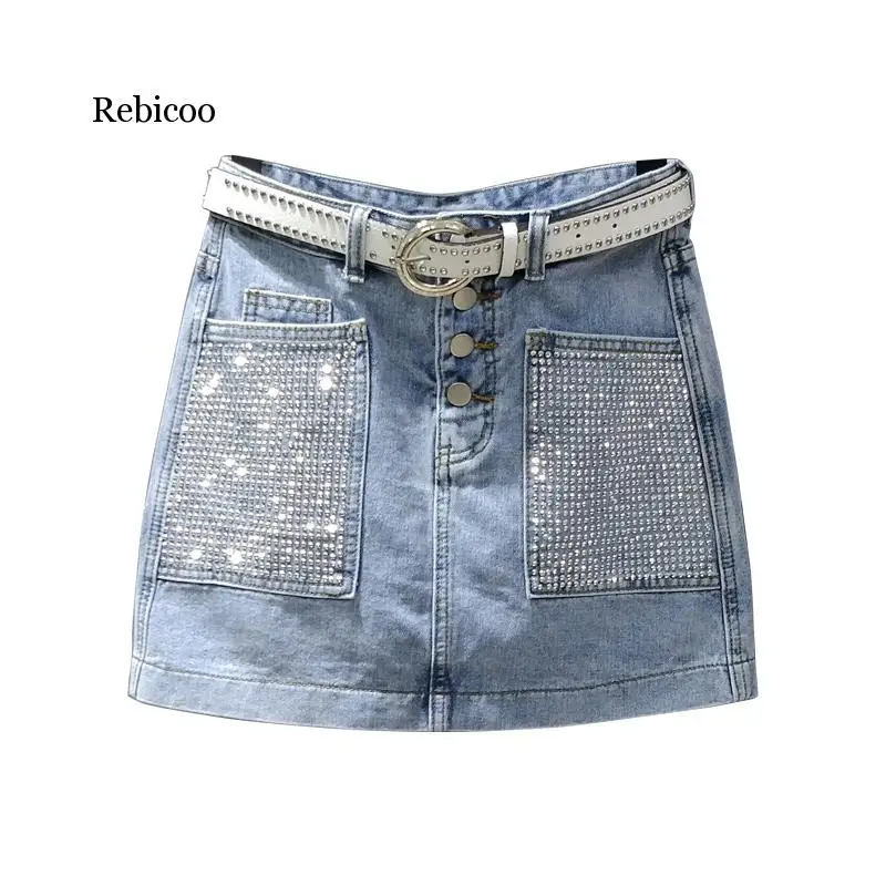 

Rhinestone diamond shine women skirts denim pocket short mini straight sexy club skirts top quality