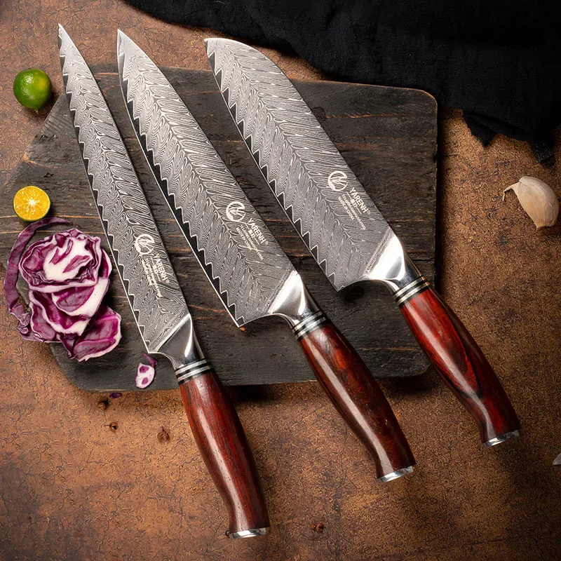 

YARENH 3PCS Kitchen Knife Sets - Professional Damascus Steel Knife Set - Dalbergia Wood Handle - Chef Santoku Utility Knives