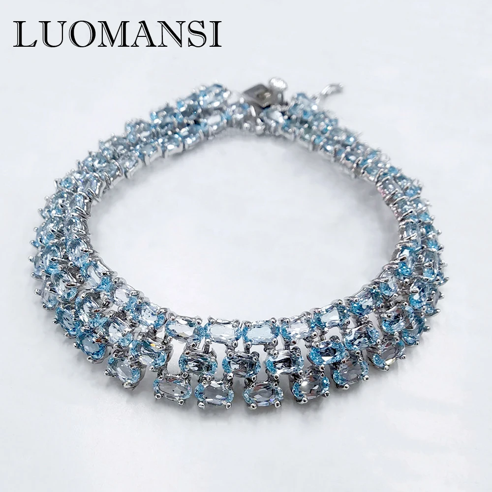 

Luomansi 92 Natural Blue Topaz Three Row Bracelet 17 19CM 100%-S925 Sterling Silver Jewelry Anniversary Party Gift