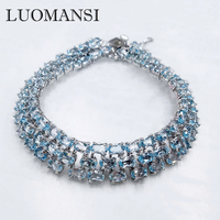 Luomansi 92 Natural Blue Topaz Three Row Bracelet 17 19CM 100%-S925 Sterling Silver Jewelry Anniversary Party Gift