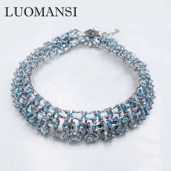 Luomansi 92 Natural Blue Topaz Three Row Bracelet 17 19CM 100%-S925 Sterling Silver Jewelry Anniversary Party Gift