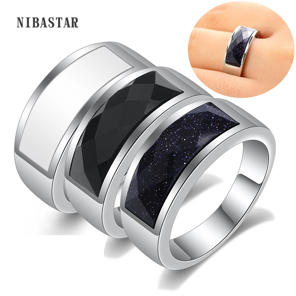 High Quality White/Blue/Black Semi Precious Stone Ring for Men Women Ladies  Stainless Steel Party Accessories