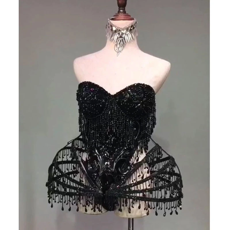 

Singer Black Sexy Crystal beads Bodysuit Dress Stage Performance Bling Dresses Dance Wear Nightclub Shining Costume Outfit