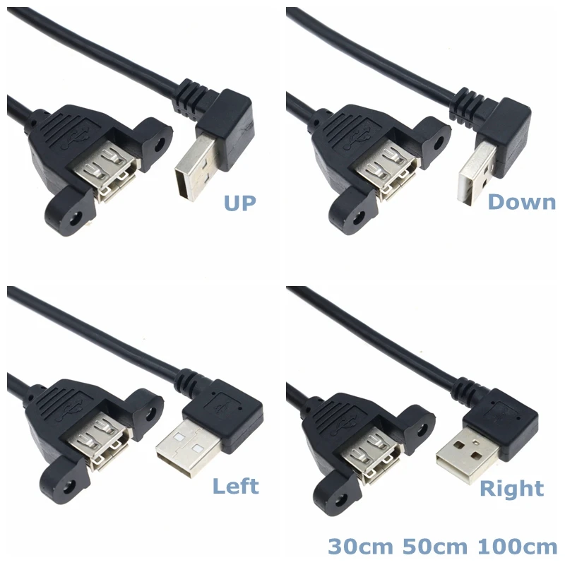 Cable adaptador de extensión de ordenador, Conector de montaje de Panel de cinta macho A hembra, USB 2,0 A, izquierda y derecha, agujero de 90 grados, arriba y abajo