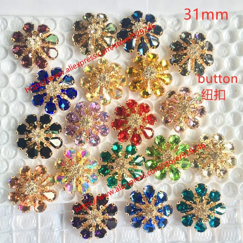 Gorgeous Crystal Decorative Button for Women Coat Red Black Grey Brown Blue Rhinestone Big Shank Flower Button For Garments