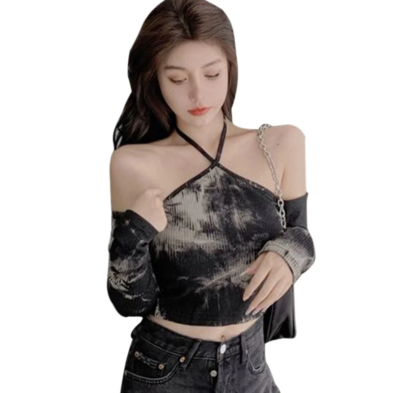 Sexy Women One-shoulder Halter Neck T shirt Long-sleeved Tie-dye Tee Tops