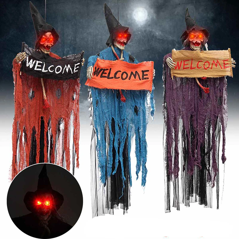 هالوين الكهربائية صوت متوهجة عيون معلقة هيكل جمجمة شبح بار زخرفة الهروب الرعب الدعائم مسكون ديكورات منزلية