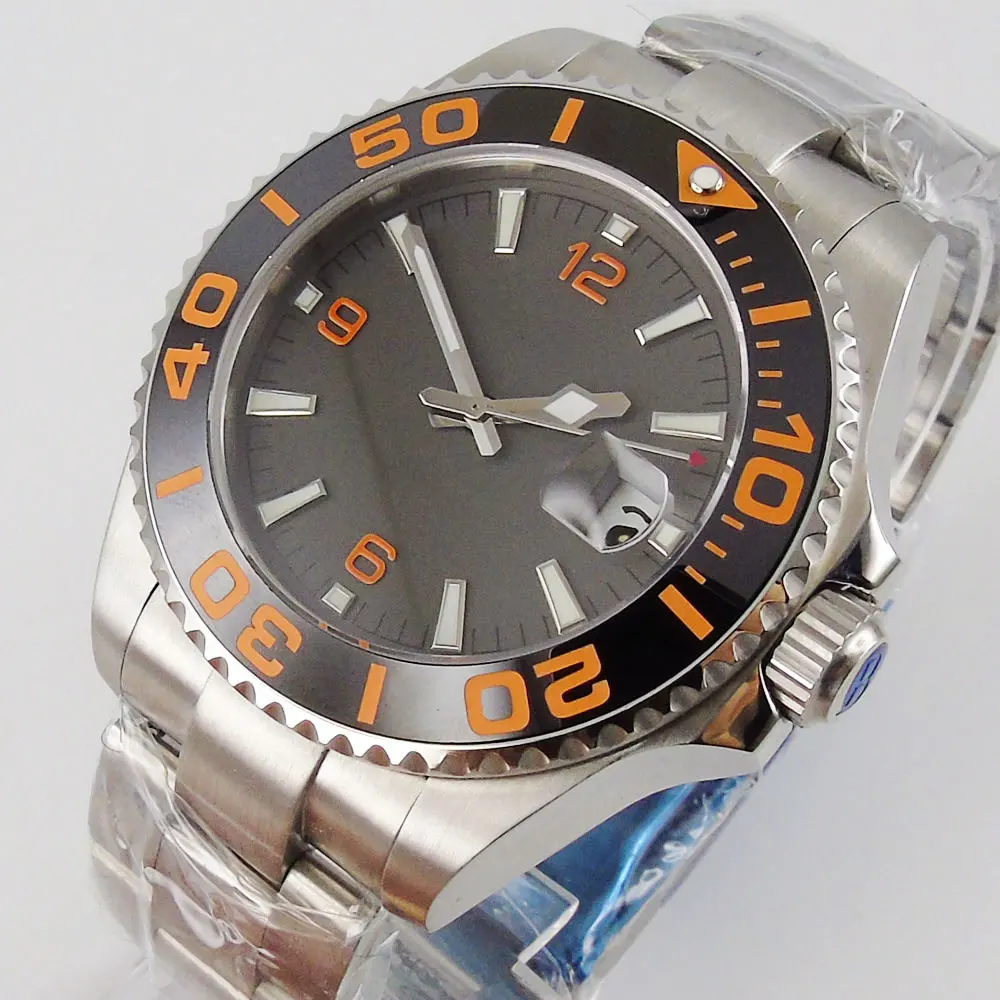 

43mm Automatic Men Wrisytwatch Sapphire Glass Date Oyster Bracelet 21 Jewels Miyota 8215 Movement Black Dial Orange Marks