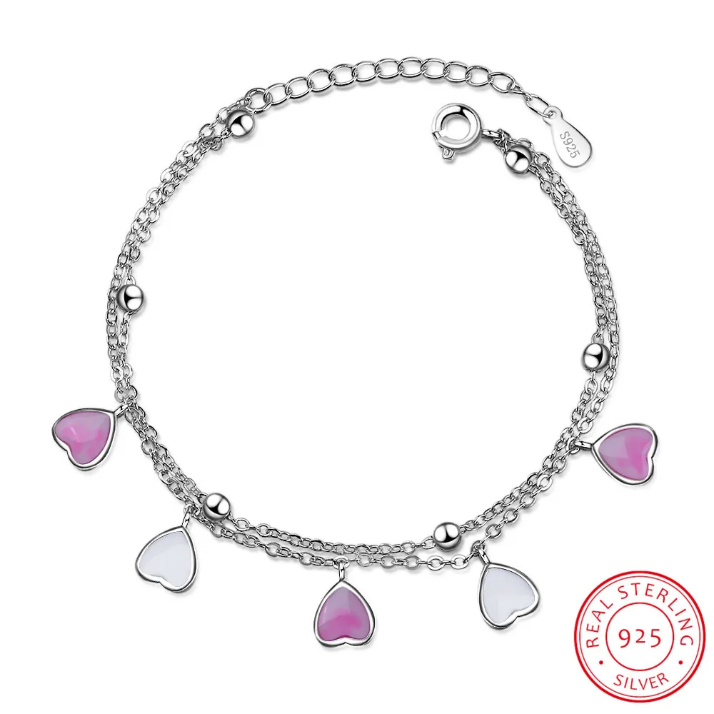 Sweet 925 Sterling Silver Pink Glaze Cherry Blossom Petals Gradient Heart Shaped Double Layer Chain Bracelets S-B262