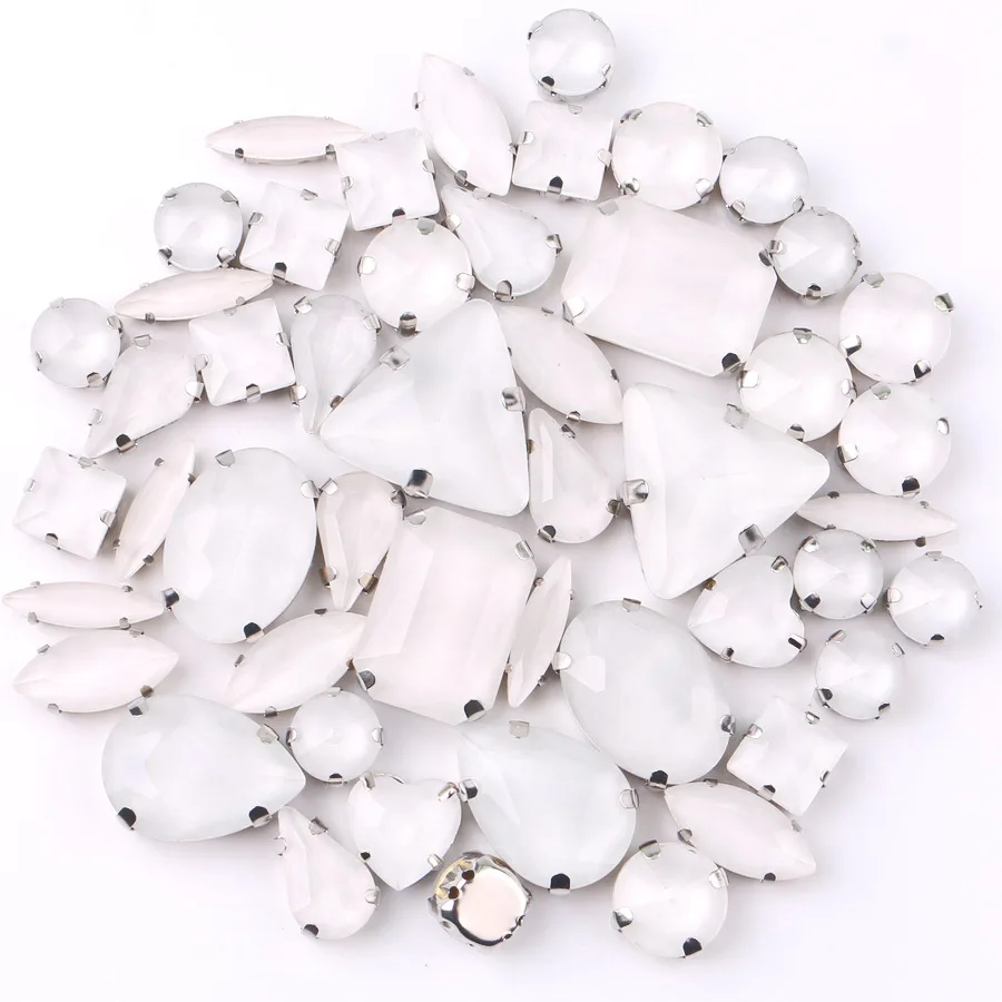 Silberne Krallenfassungen, 50 Stück/Beutel, verschiedene Formen, Jelly Candy Weiß, Glaskristall zum Aufnähen, Strass für Hochzeitskleider, Schuhe, Taschen, DIY – Detail 3