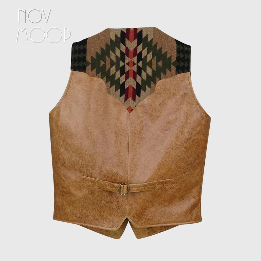 Novmoop natural cowhide oil wax genuine leather men's vest vintage style patched with Navojo pattern jacquard wool LT3481