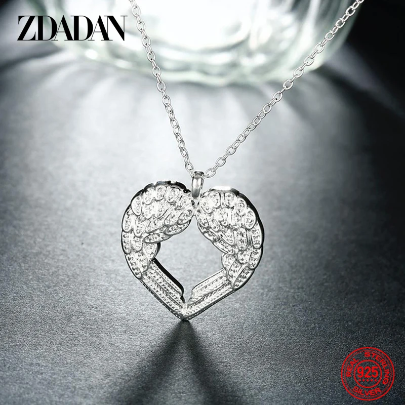 ZDADAN 925 Sterling Silver Heart Wings Pendant Necklace Chain For Women Fashion Wedding Jewelry