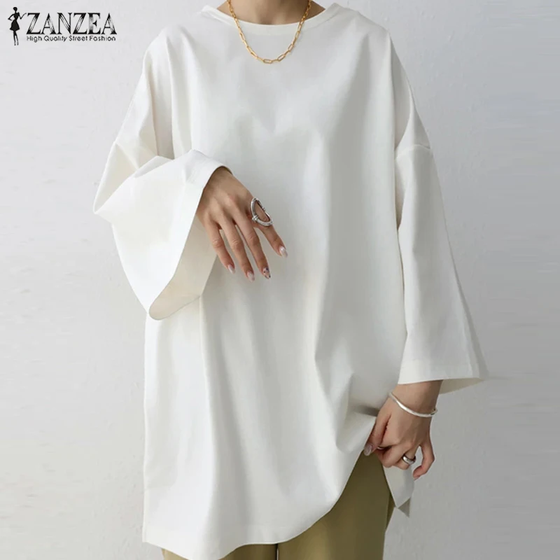 Womens Baggy Solid Blouse ZANZEA 2023 Vintage Flare Sleeve Tops Casual Autumn Blusas Female Split Tunic Oversized Chemise