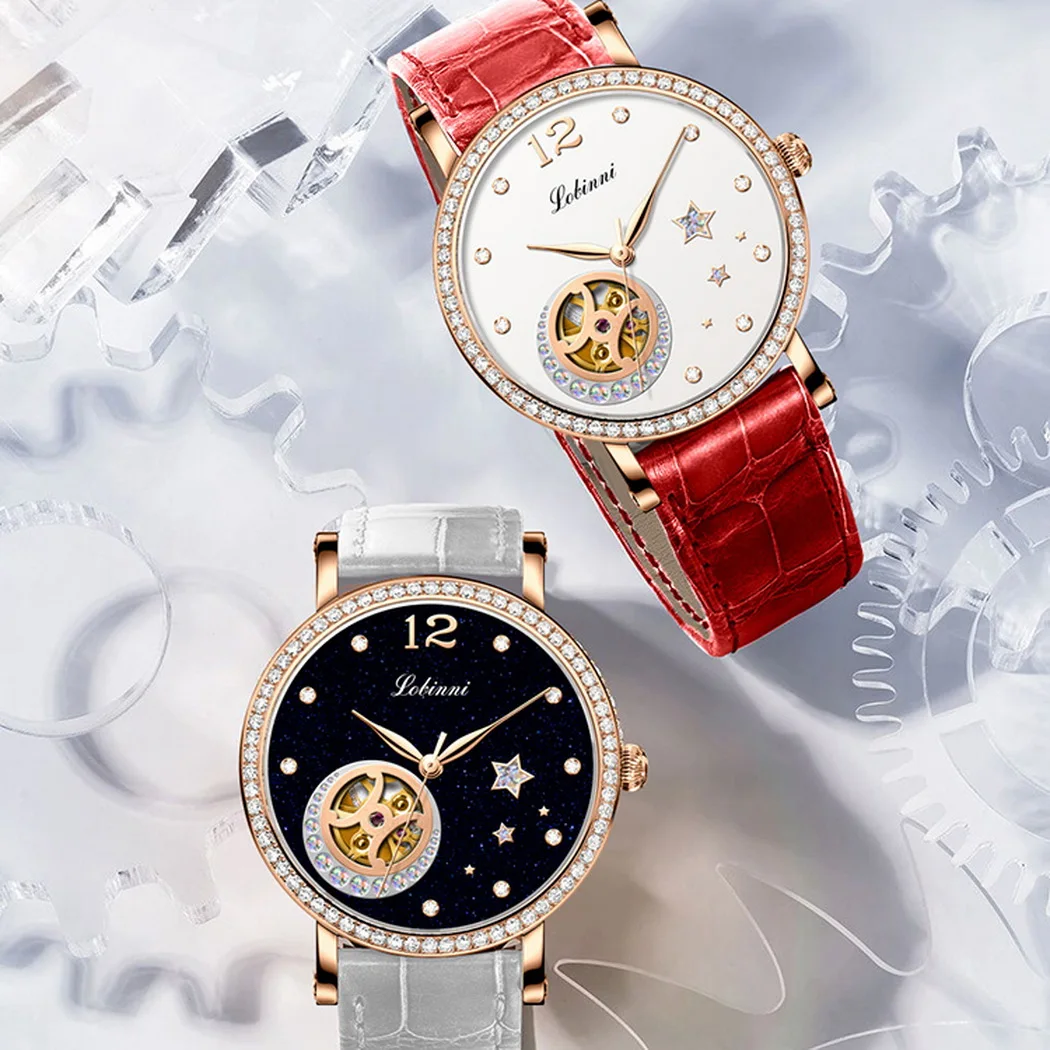 LOBINNI Luxury Women Watches,Lady Automatic Watch Switzerland Self Wind Mechanical Wristwatch Clock Waterproof Sapphire Skeleton