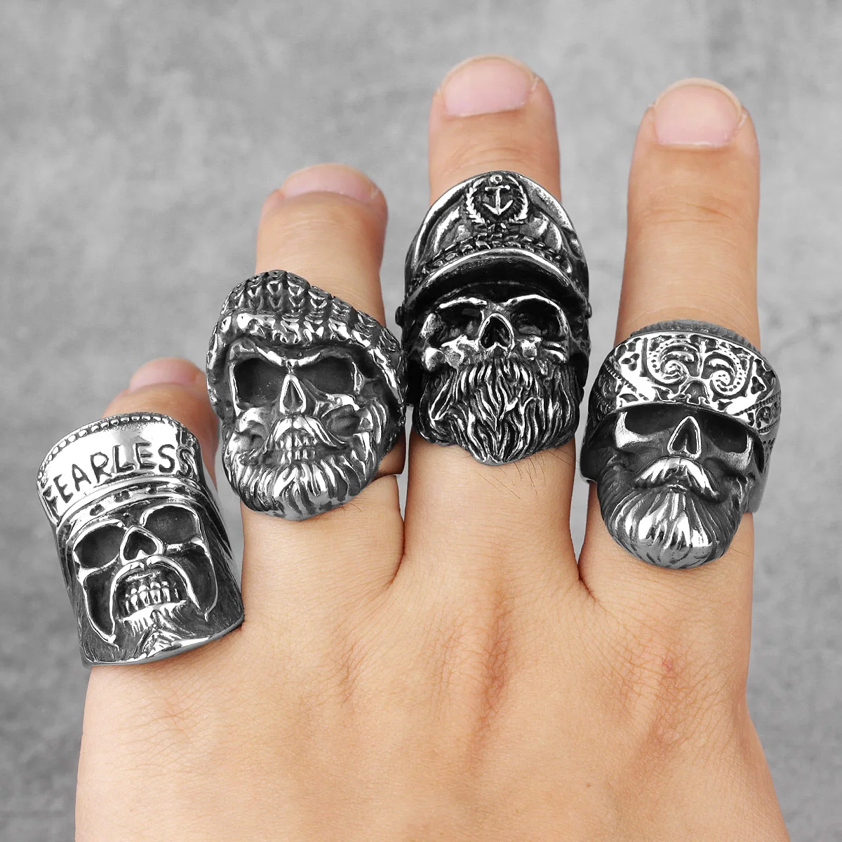 Hippie Big Beard Wear Hat Skull Stainless Steel Mens Rings Punk Hip Hop for Boyfriend Biker Jewelry Creativity Gift Wholesale
