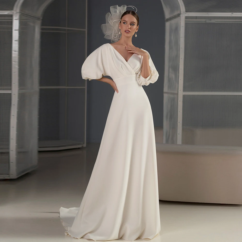 Simple Floor Length Wedding Dress For Bride Puff Sleeves V Neck Empire Floor Length Bridal Gown Backless Civil Robe De Mariee