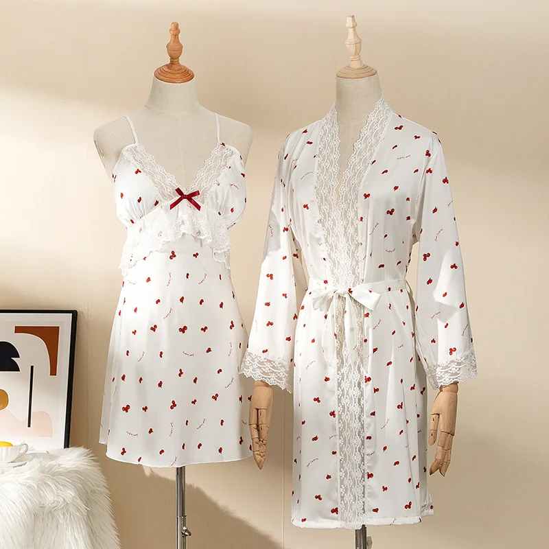 

Women 2PCS Lace Rayon Pajamas Set Sexy Full Sleeve Kimono Bathrobe Gown Summer Loose Nightgown Sleepshirt Nightwear Home Clothes