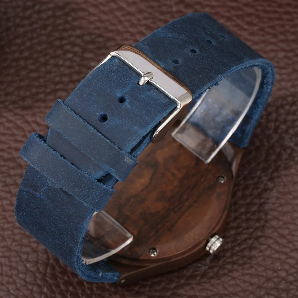 Classic Zebra Wood Men Watch Red Seconds Display Blue Genuine Leather Quartz Mens Wristwatch