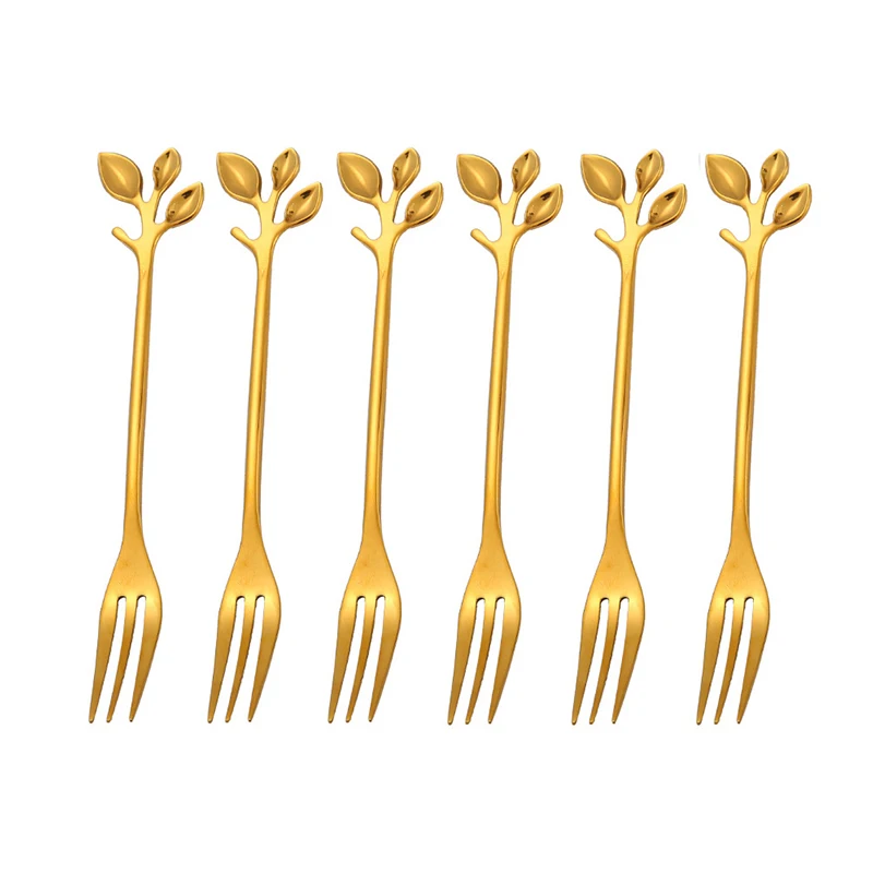 

6 Pcs Fruit Fork 304 Stainless Steel Flatware Gold Dinnerware Appetizer Snack Dessert Fork Kitchen Tableware Leaf Shape