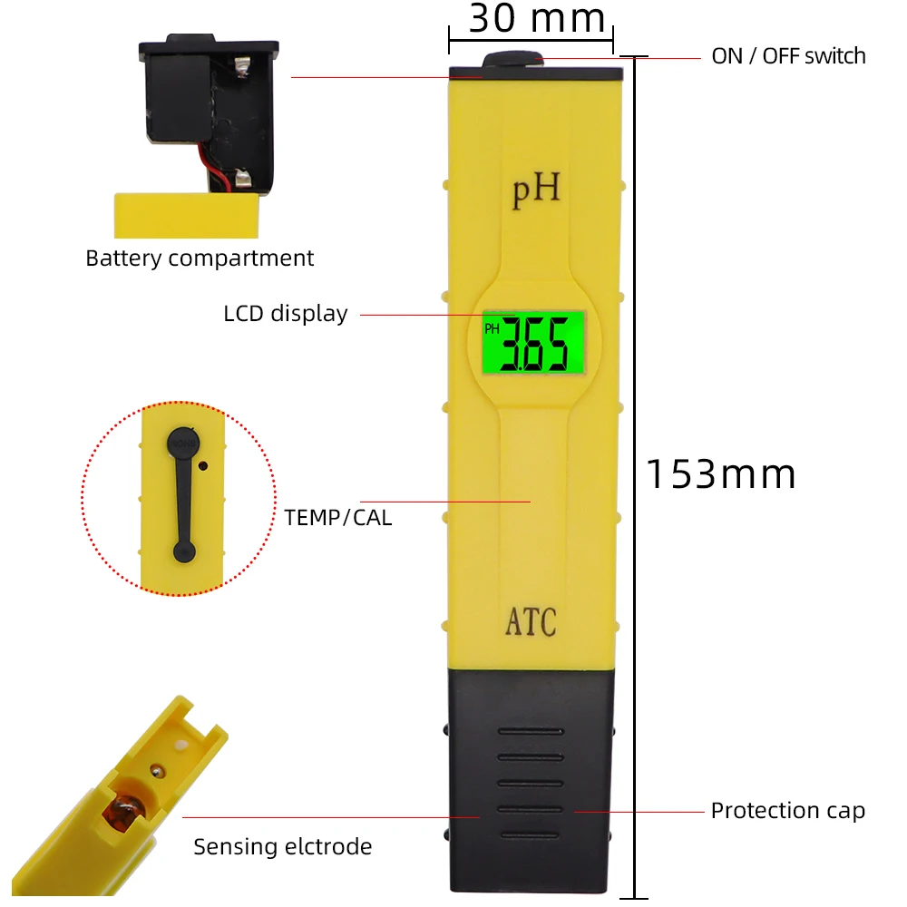 1PCS ATC PH Meter Swimming Pool Water PH Test Pen Accuracy 0.01 Green Backlight Temperature Compensation Function