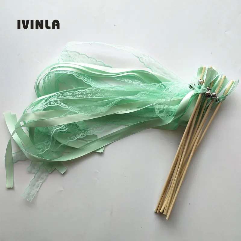 

50pcs/lot mint green lace wedding wands with bell for wedding decoration