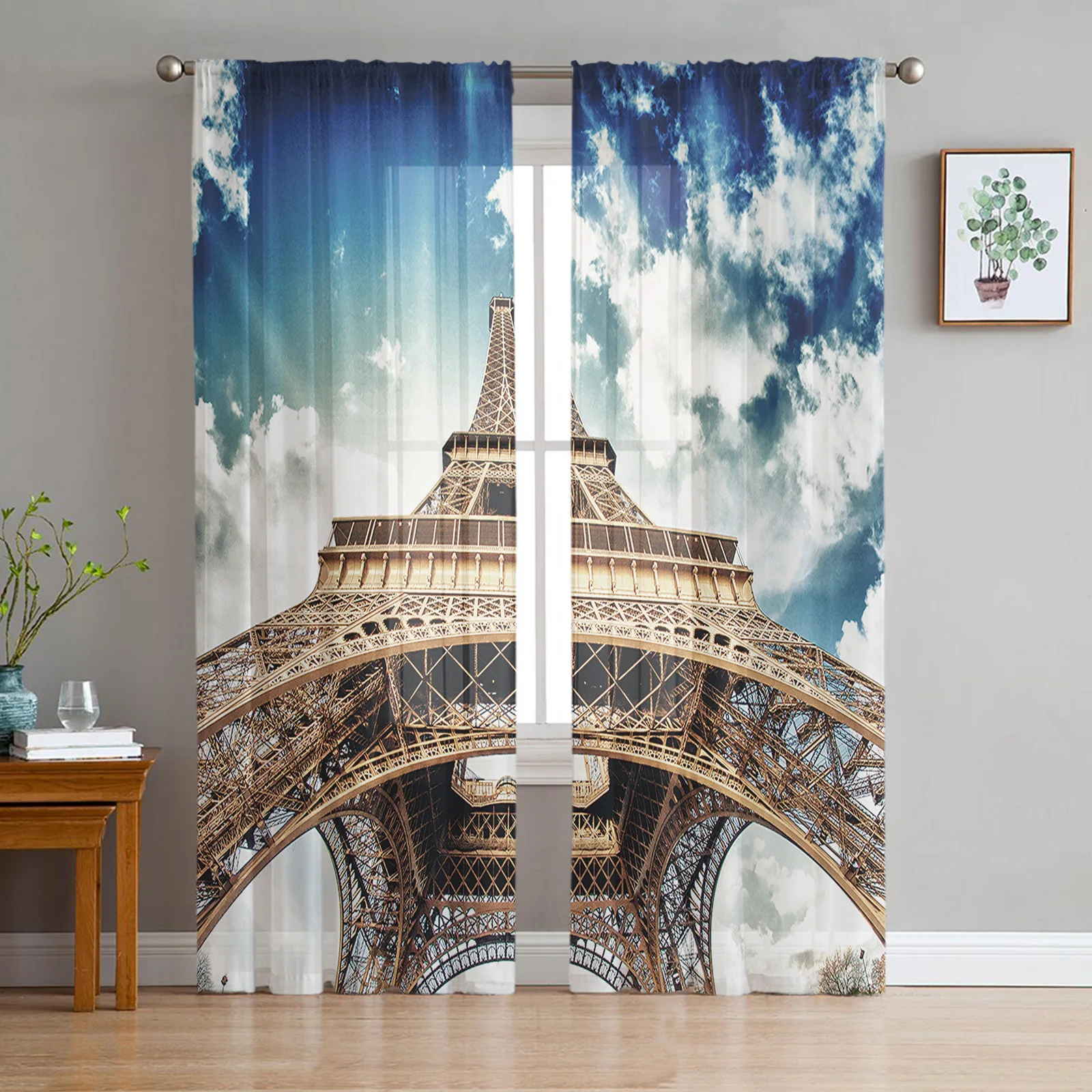 Look Up Eiffel Tower Paris Window Curtains Bedroom Modern Drape Sheer Tulle Valances Living Room Kitchen Voile Curtain