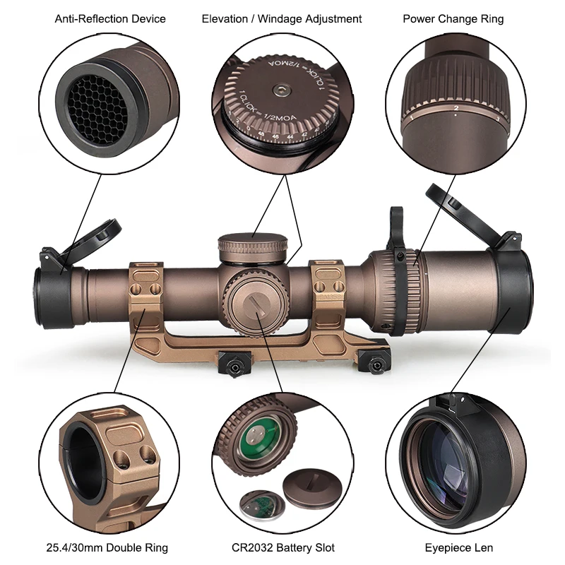 Outdoor Scope 1-6x24IR Riflescope with 25.4/30mm Sight Mount and Switch view Throw Lever HK1-0408