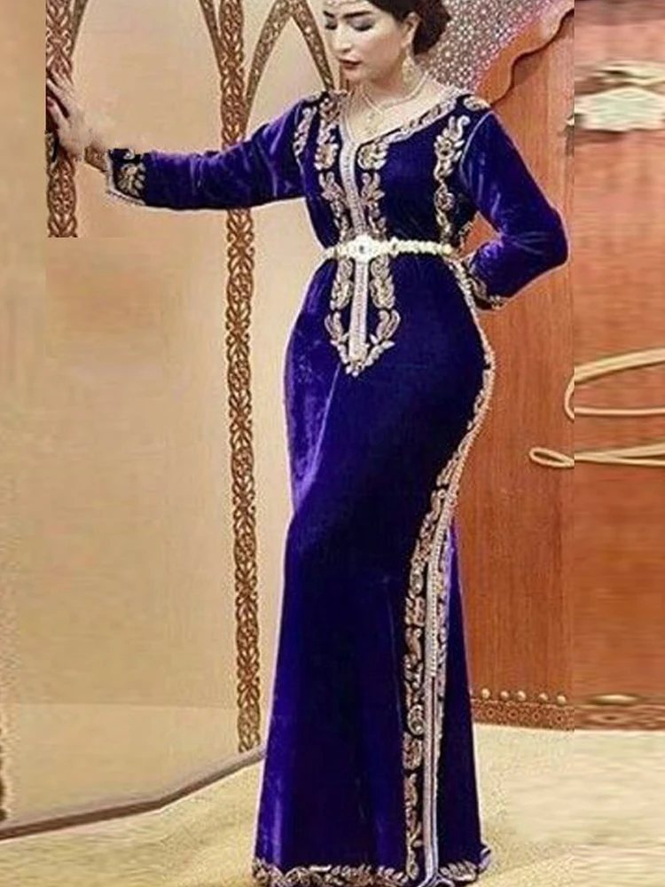 LORIE Royal Blue Moroccan Kaftan Muslim Evening Dresses Formal Velvet Gold Lace Mermaid Long Sleeves Formal Dubai Party Gowns