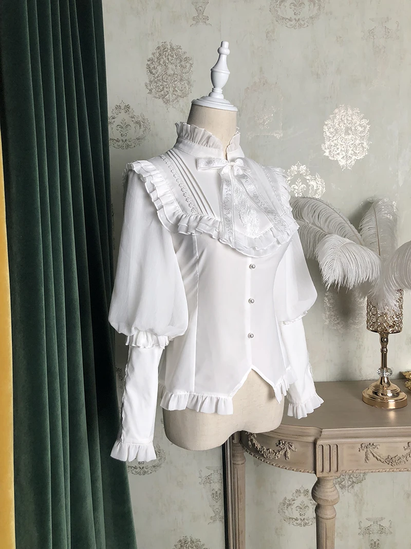 Original New Japanese Princess Style Shirt Harajuku Long Gigot Sleeves Chiffon Tops Bowknot Lace Sweet Blouse for Women