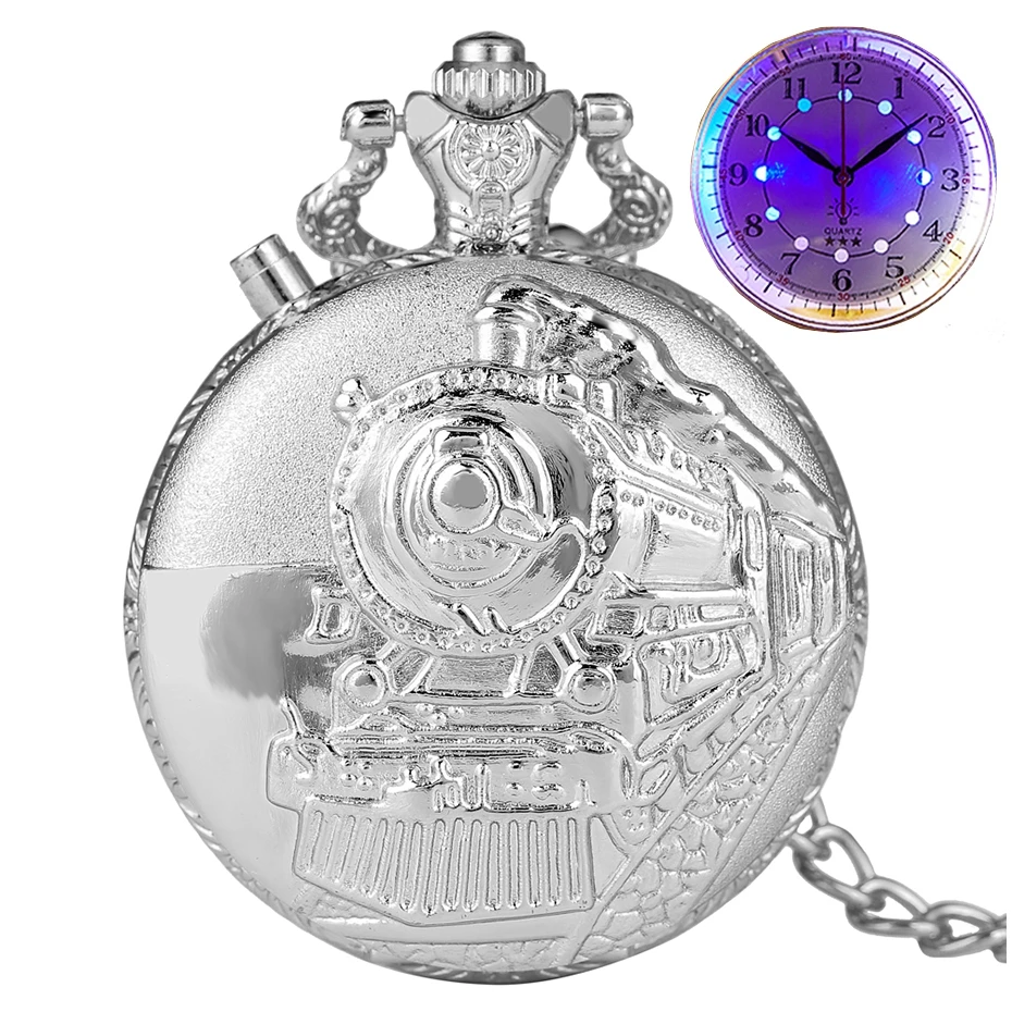 Silver Luminous LED Dial นาฬิกาควอตซ์แกะสลักรถไฟหัวรถจักรเครื่องยนต์ Steampunk มอเตอร์รถไฟ Chain Fob นาฬิกา